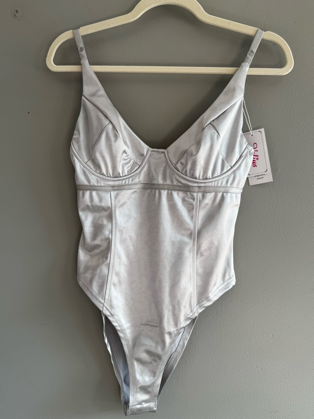 NWT silver satin bodysuit